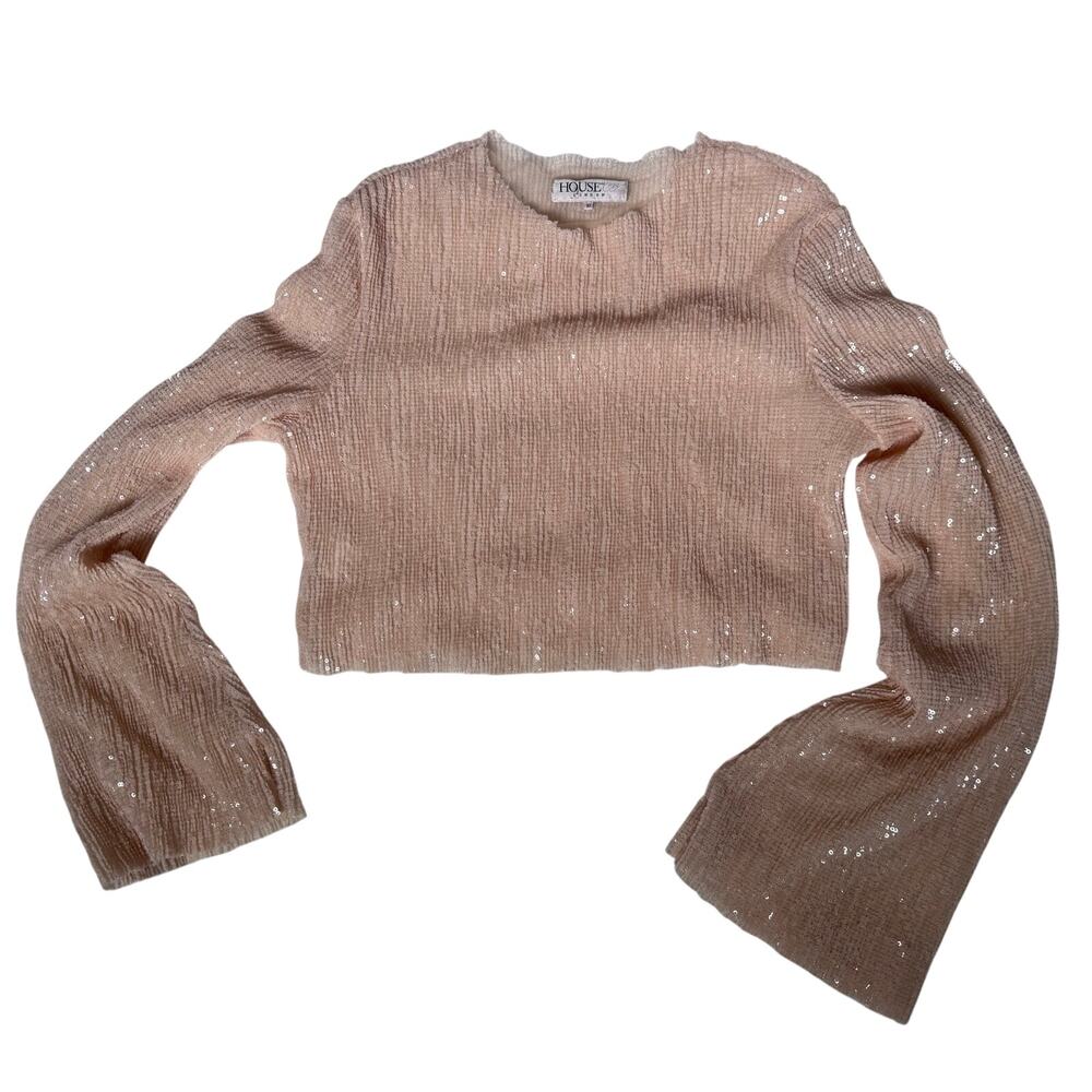 House Of CB London Light Pink Sequin Crinkle Crop Long Sleeve Top Medium Blouse